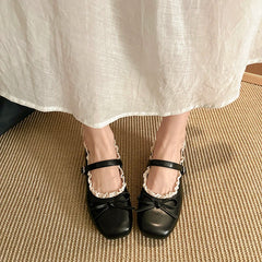 LBSFY -Square Toe Shallow Mouth Vintage French Flat Lace Mary Jane Women's Shoes New with Skirt Bow Strap Single Shoes