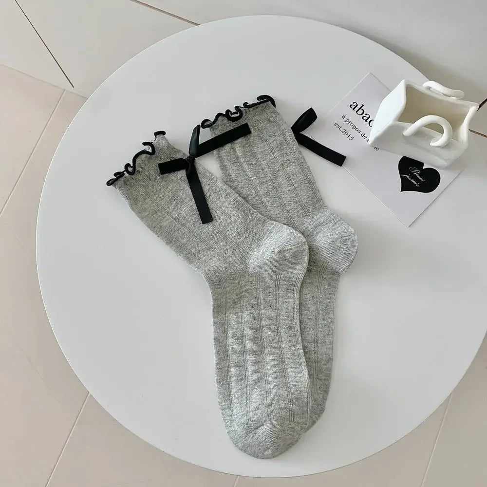 Lbsfy Cute Bowknots Cute Ruffle Socks Women Lolita Sweet Girls Kawaii Socks JK Japanese Styles Solid Color Black White Gray Long Socks