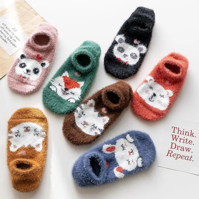 Lbsfy Socks Women Thick Invisible Warm Short Socks Spring Autumn Harajuku Slippers Cartoon Bear Cat Fox Rabbit Cute Kawaii Ankle Sock