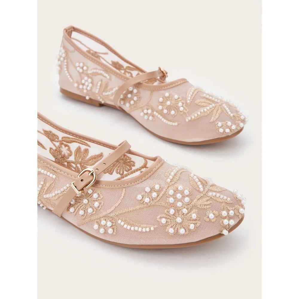 LBSFY -Embroidery String Bead Mesh Ballet Flats Women Fashion White Pearl Mary Jane Shoes Light Summer Flats Elegant Cozy Flat Sandals