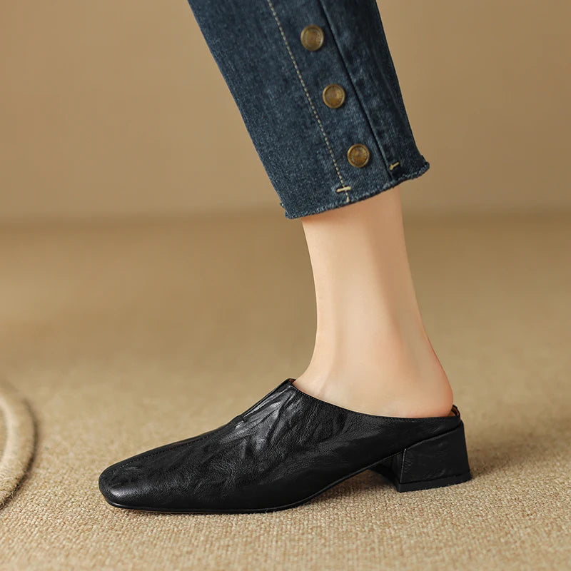 LBSFY  -  2024 Office Lady Casual Women Pumps Mules Square Toe Thick Heels Slippers Genuine Leather Sandals Shoes Woman Concise Fashion