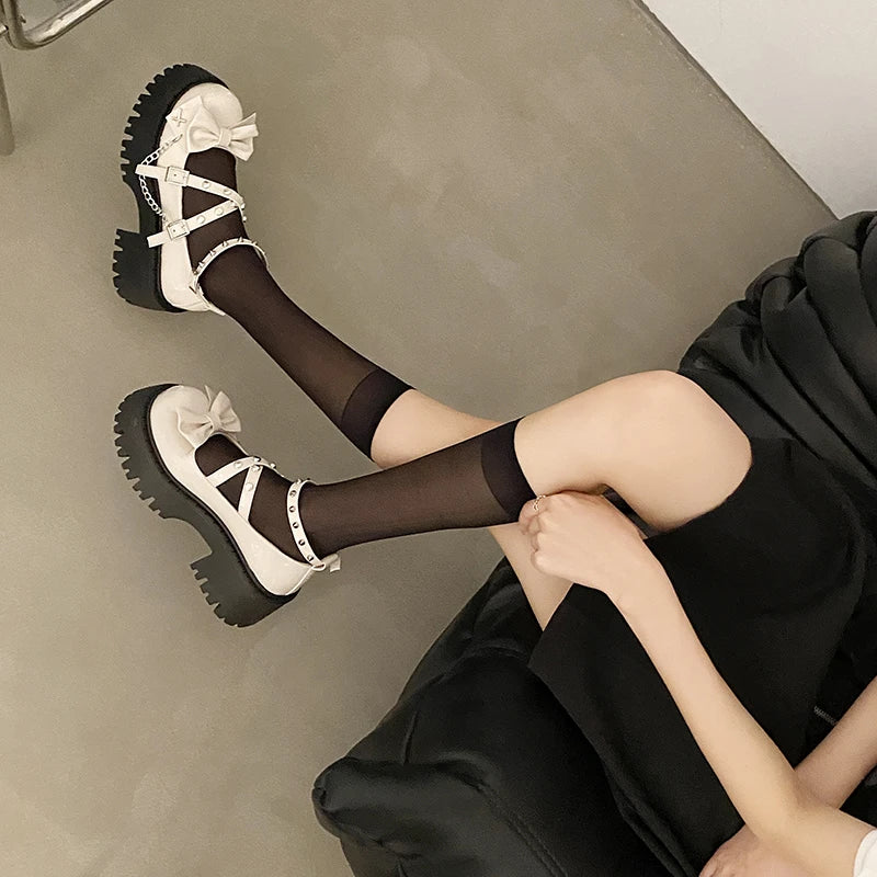 LBSFY  -  Y2K Rivet Ankle Strap Mary Janes Women 2024 New Chain High Heels Platform Pumps Woman Bowknot Thick Bottom Punk Gothic Shoes