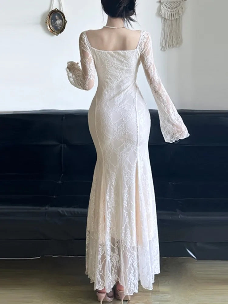 LBSFY -Party Mesh Elegant Women's Mermaid Dresses French Sexy Slim Fit Long Sleeveless Floral Tassel Dress 2025 New Chic Evening Robe