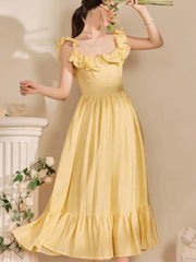 LBSFY -Yellow Ruffle Summer Chic French Pleated Long Dresses New Women's Flying Sleeve High Waist Square Collar Vacation Backless Dress