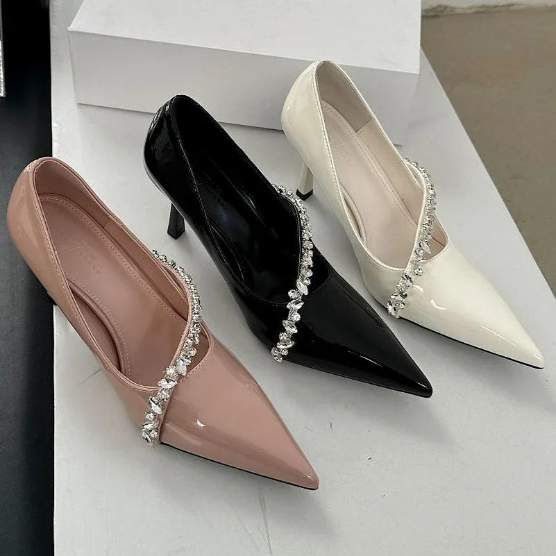 Lbsfy Rhinestone Chain Sexy Thin High Heels Women Pointed Toe Pumps Office Shoes Female Fashion Elegant Dress Shoes Zapatos De Mujer