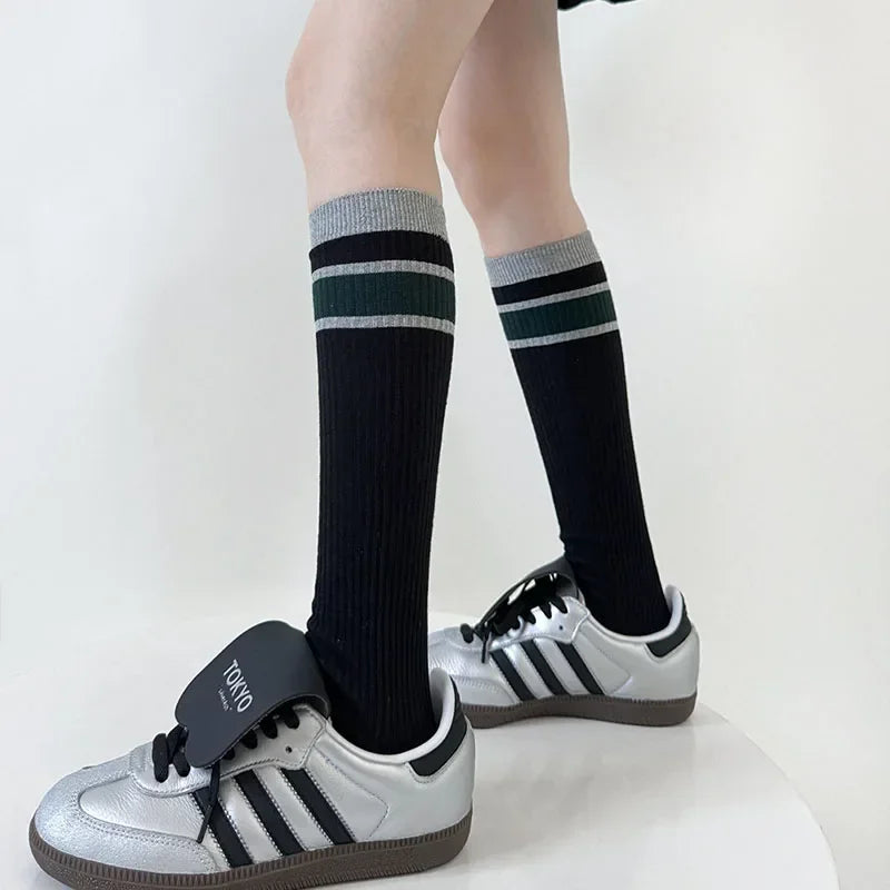 Lbsfy Korean Striped Calf Socks Cotton Colorblocked Knee Socks High Breathable Sport Cycling Mid-calf Socks Japanese JK Accessories