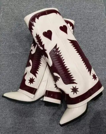 LBSFY  -  Burgundy White Brown Mixed Color Leather Eagle Star Heart Print Pointed Toe Square Med Heels Knee High Pants Boots Women Shoes