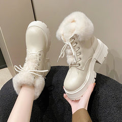 LBSFY  -  Winter Fluffy Fur Women Snow Boots Fashion Lace Up Short Booties Comfort Thick Heels Ladies Shoes