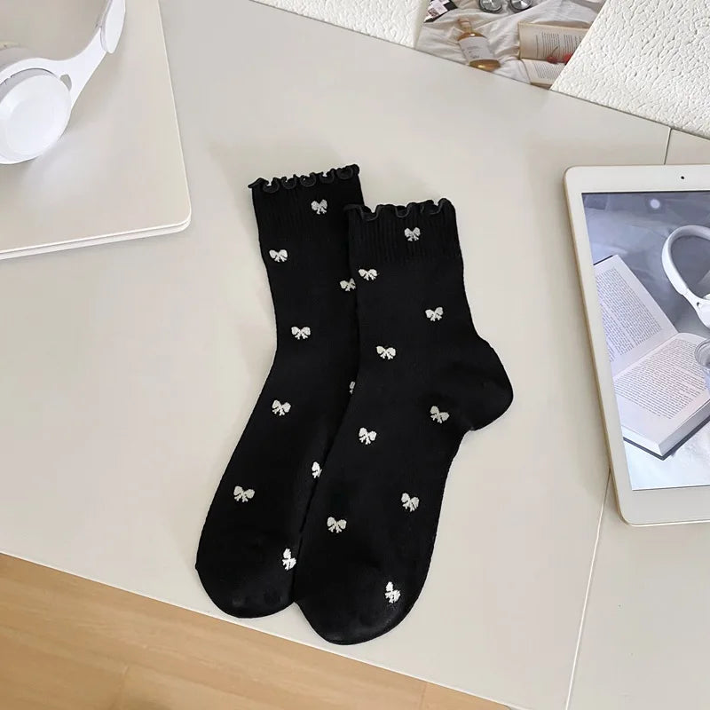 Lbsfy Women's Socks Spring Summer Bamboo Fiber Bow Girls Ruffle Socks Lolita Kawaii Simple Black White Thin Mesh Breathable Girls Gift
