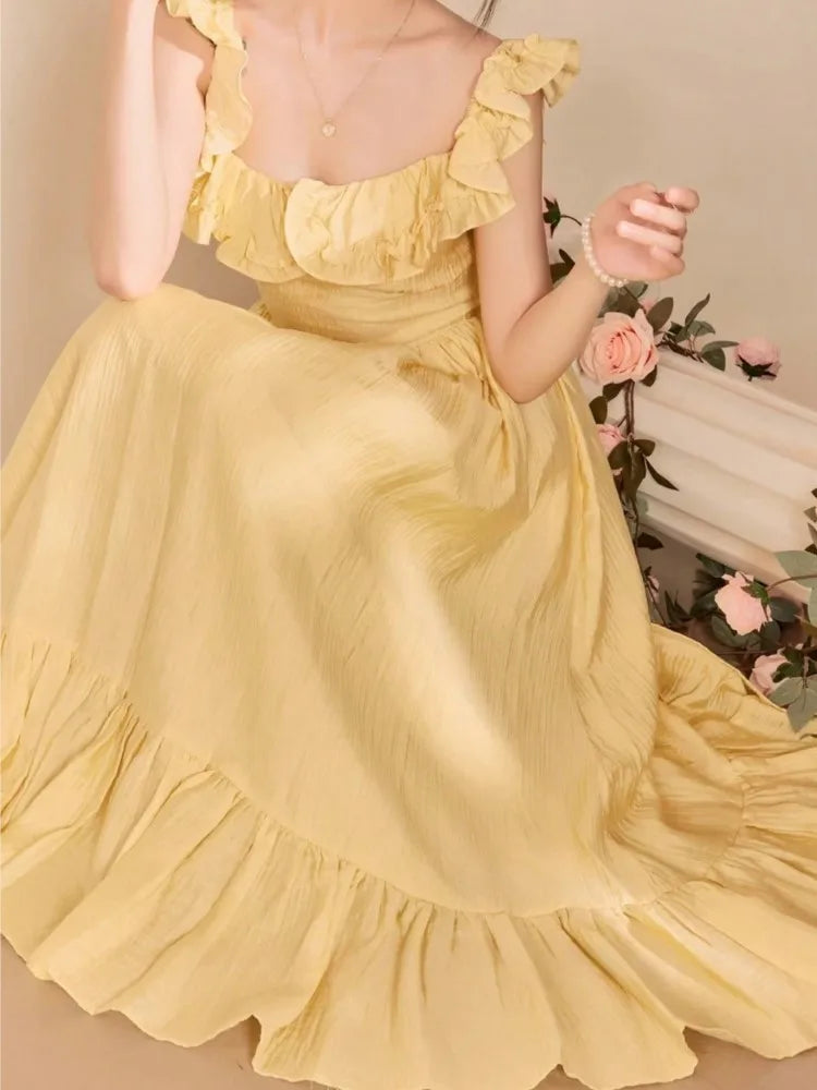 LBSFY -Yellow Ruffle Summer Chic French Pleated Long Dresses New Women's Flying Sleeve High Waist Square Collar Vacation Backless Dress