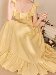 LBSFY -Yellow Ruffle Summer Chic French Pleated Long Dresses New Women's Flying Sleeve High Waist Square Collar Vacation Backless Dress