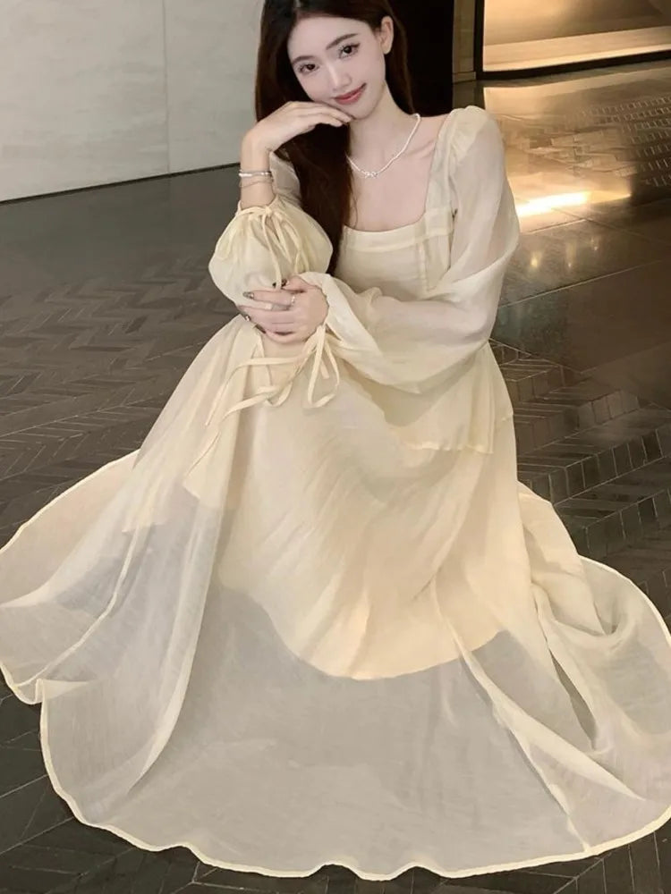 LBSFY -Fairy French Elegant Women Midi Dress Square-Collar Long Sleeve Slim Waist Dresses Sweet Casual 2025 New Mujer Vestidos Summer