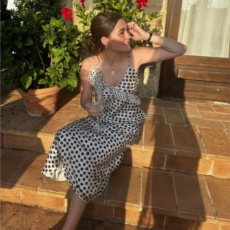 LBSFY -Women's Polka Dot Layered Decorative Satin Sleeveless Suspender Dress Ruffle Slim Chic Party Dress Fashion Female Clothing