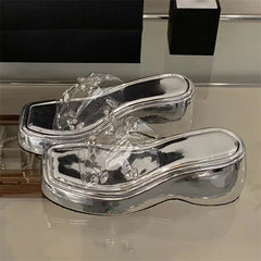 LBSFY -Diamond PVC Transparent Slippers Women Solid Platform Wedges Shoes Summer Square Toe High Heels Sandals