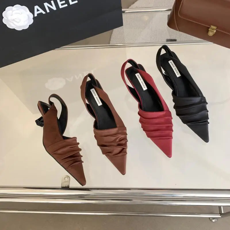 LBSFY  -  2024 New Satin Pleated Heels Pumps Women Shoes Fashion Slip On Ladies Elegant Slingback Shoes Pointed Toe Middle Heel Mules