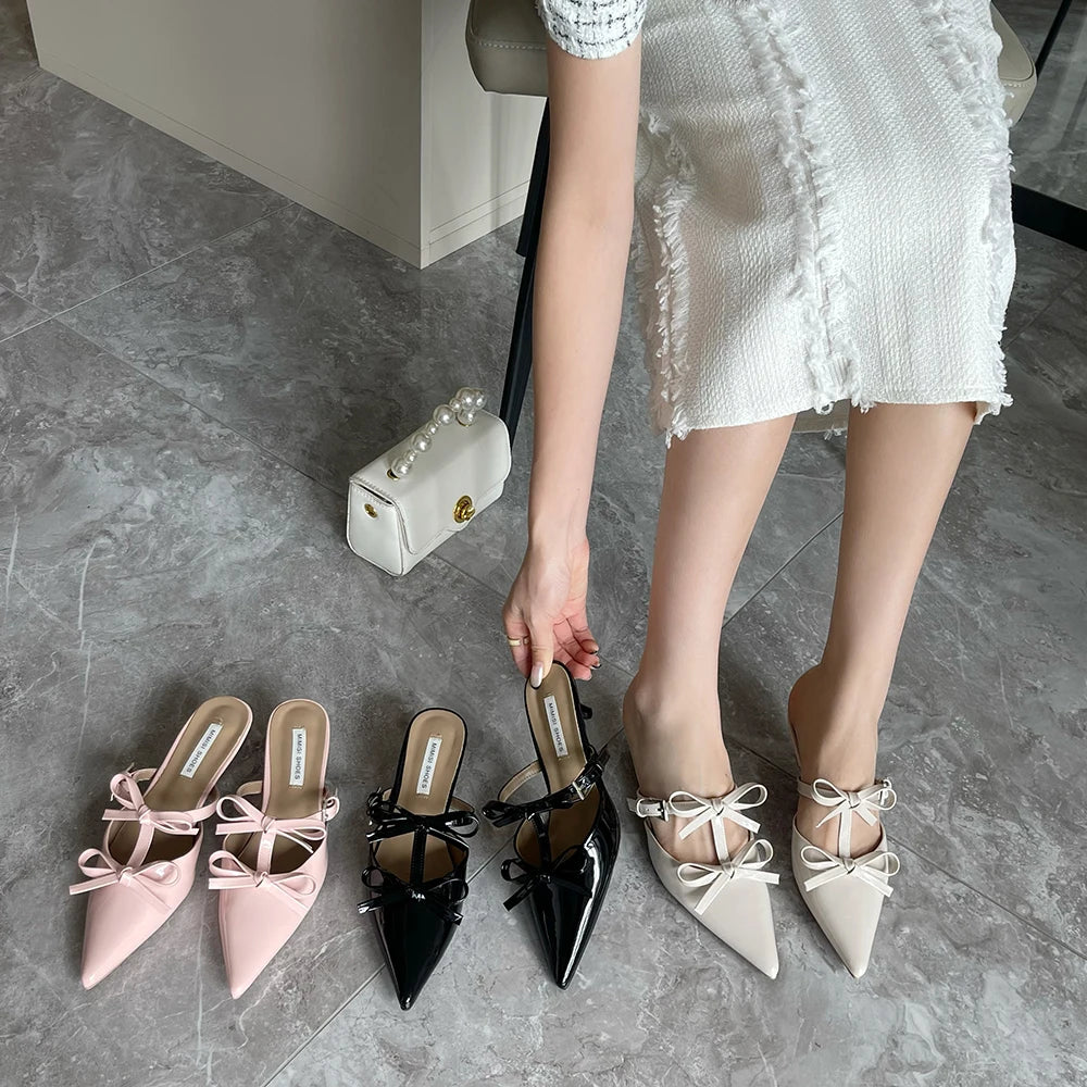 LBSFY  -  Casual Women Slippers Pointed Toe Black White Pink Bow Design Shallow Slip On Mules Shoes Thin Low Heels Summer Outside Pumps