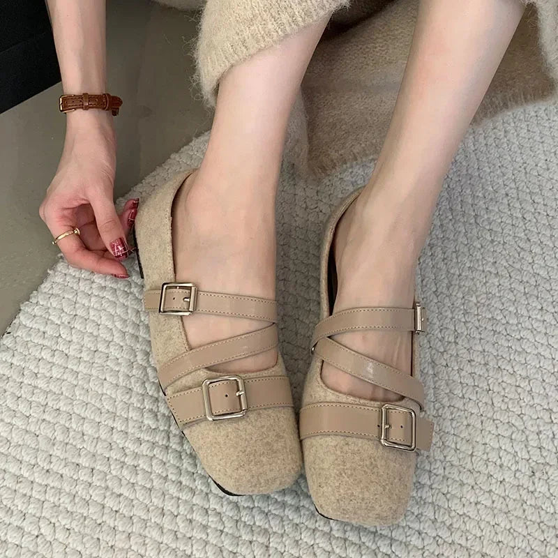 Lbsfy Belt Buckle Design Flat Mary Jane Shoes Women Comfort Soft Sole Leisure Women Shoes Shallow Fashion Elegant Ballet Shoes Female