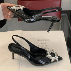 Lbsfy Crystal Buckle Pointed Toe Thin High Heels Women Patent Leather Banquet Dress Shoe Sexy Slingback Sandal Female Zapatos De Mujer