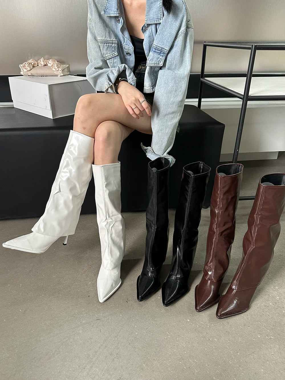 LBSFY  -  Pointed Toe Women Knee High Boots Black White Brown Shallow Slip On Thin High Heels Stiletto Party Pumps Shoes Woman Size 35-40