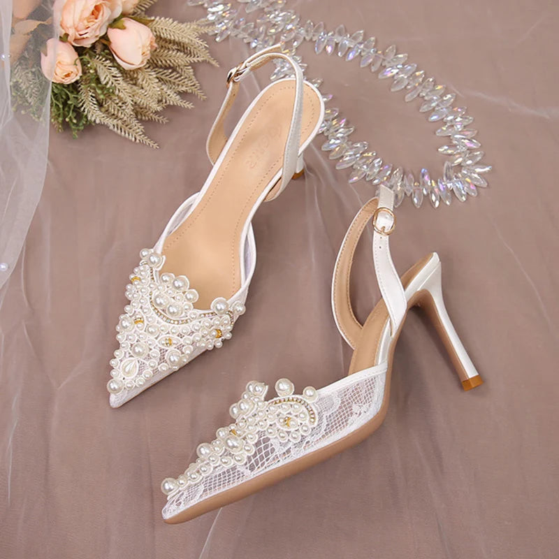 LBSFY  -   Sexy Lace Thin Heels Sandals Women Elegant Pearl High Heels Pumps Woman  Summer Pointed Toe Bling Crytsal Party Shoes