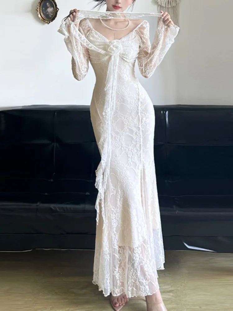 LBSFY -Party Mesh Elegant Women's Mermaid Dresses French Sexy Slim Fit Long Sleeveless Floral Tassel Dress 2025 New Chic Evening Robe
