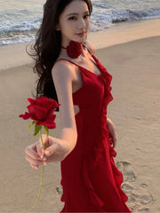 LBSFY -Women French Style Elegant Vintage Red Ruffles Party Dresses Slim A-Line V-Neck Wedding Evening Dress Spring Summer New 2025