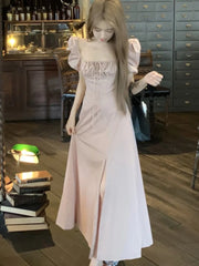 LBSFY -Korean Summer Elegant Fashion Women's Dresses Puff Sleeves Square-Collar Vintage Folds Split Lace Up Long Dress 2025 Vestidos