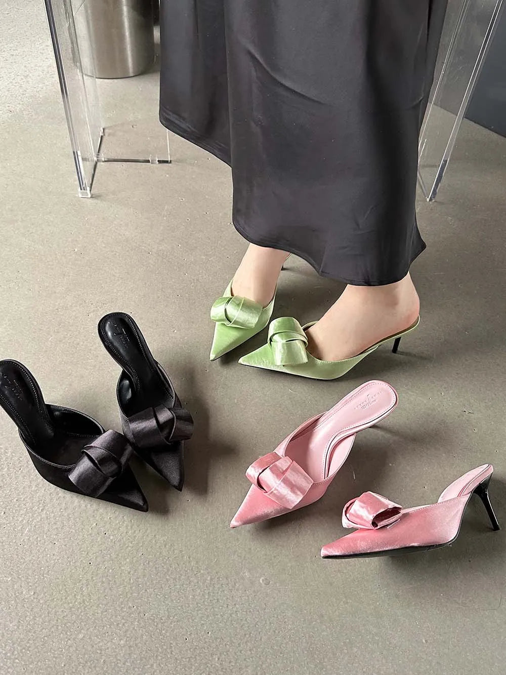 LBSFY  -  Pointed Toe Women Slides Slippers 2024 New Arrivals Fashion Shallow Slip On Party Pumps Stiletto Heels Bow Design Outside Mules