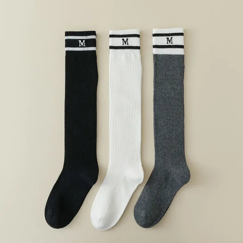 Lbsfy Cotton Women Stockings Japanese Style School Girls Long Socks Stocking Letter Embroidery Solid Color Black White Gray Knee Socks