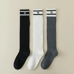 Lbsfy Cotton Women Stockings Japanese Style School Girls Long Socks Stocking Letter Embroidery Solid Color Black White Gray Knee Socks