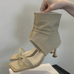 LBSFY -Design Hollow Out Zipper Women Ankle Boots Sandals Fashion Square Toe Thin Low Heels Ladies Shoes Zapatos De Mujer