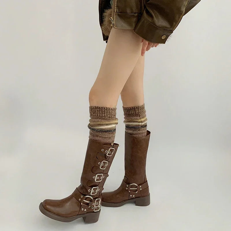Lbsfy Women Autumn Winter Leg Warmers Warm Knitted Foot Cover Knee Socks JK Girl Lolita Striped Long Socks Stockings Women Leg Warmers