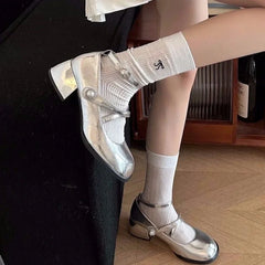 LBSFY -French Silver Mary Jane High Heels Women's Shoes Spring Summer New Style Square Head Thick Heel Buckle Strap High Heels