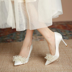 LBSFY  -  30-43 Summer Rhinestone Pearls White Wedding Shoes Women Sexy Pointed Satin High Heels Pumps Stiletto Bride Shoes