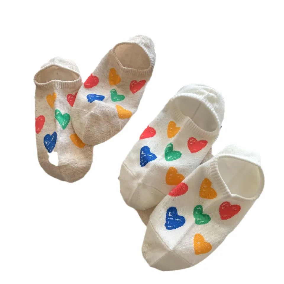 Lbsfy Spring Summer Socks Women's Combed Cotton Sweat Style Leisure Low Cut Love Print Invisible Socks Girls Gift Korean Street Sox