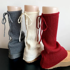 Lbsfy Sweet Ballet Strappy Wide Leg Socks Knitted Strappy Stockings Winter Warm Jk Leggings Y2K Bow Pile Socks Korea Women Calf Socks