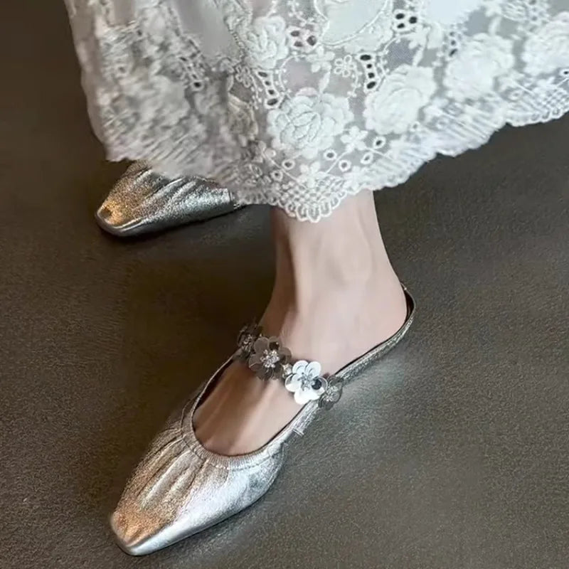LBSFY -Bright Leather Flower Slip Slippers Summer New Square Toe Shallow Mouth Inside Heightened Pleated Wrapped Toe Sandals