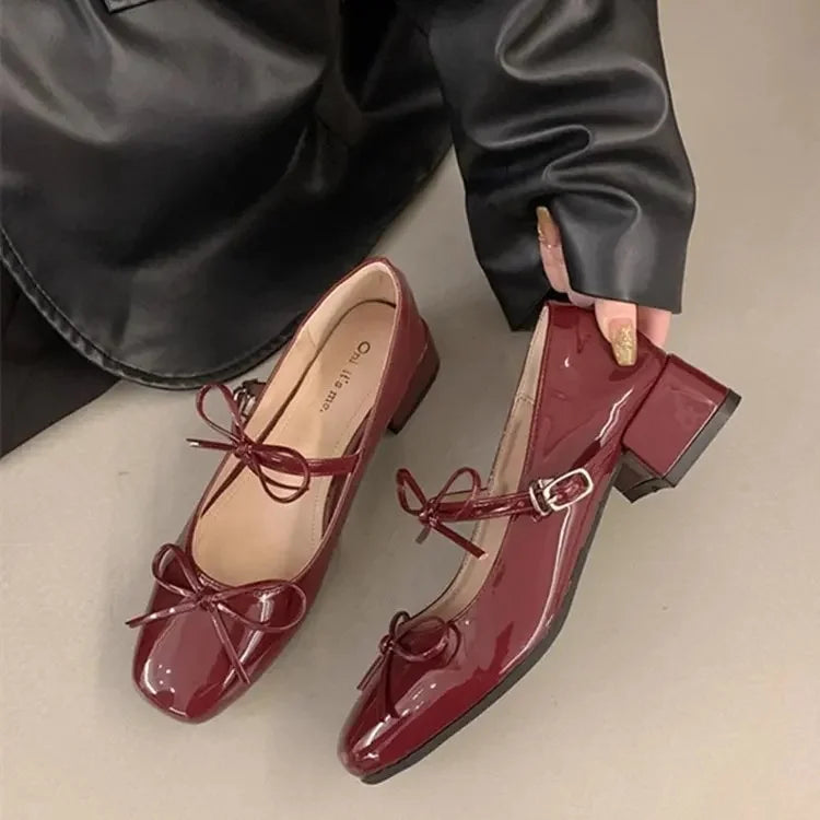 LBSFY -French Elegant Butterfly Knot Thick Heel Mary Janes 2025 New Style for Evening Wear Red Women's Single Shoes Casual Loafers