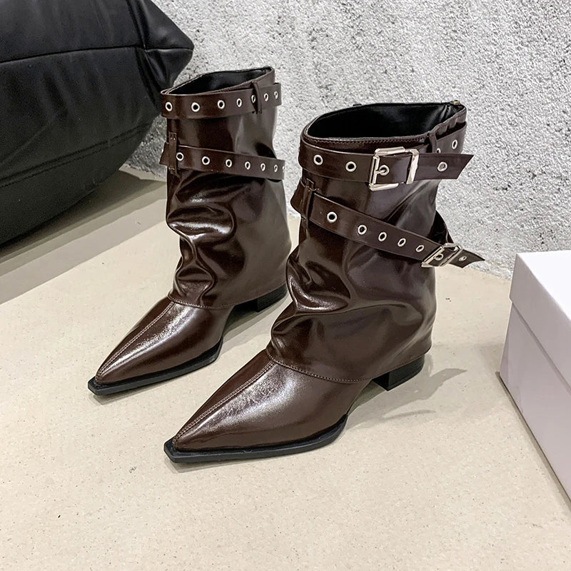 LBSFY -Autumn Vintage Thick Heel Women Western Cowgirl Boots Fashion Belt Buckle Ladies Elegant Slip on Mordern Mid Calf Booties