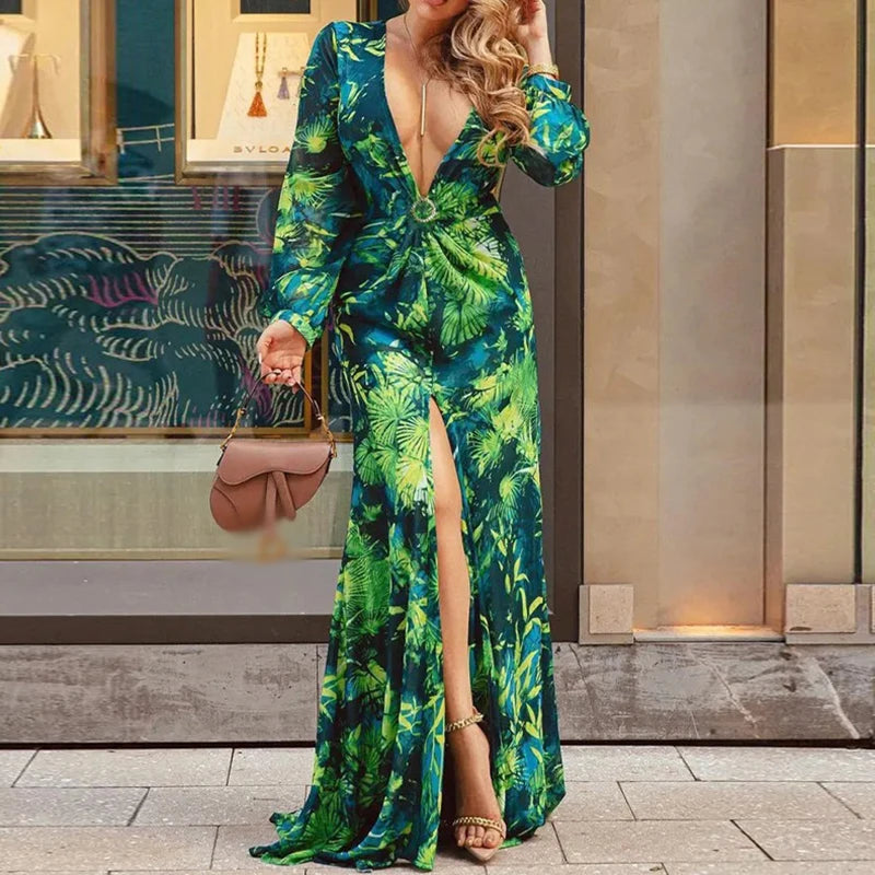 LBSFY  -  Vintage Floral Print Long Dress Autumn Single-Breasted Long-Sleeved Elegant Dress 2024 Ethnic Style Slim-Fit High-Split Dress