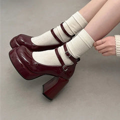 LBSFY -Mary Jane Pumps For Women Girls Fashion Brand New Chunky Heel Wedding Dress Shoes Spring New Pumps Classic Double Buckle