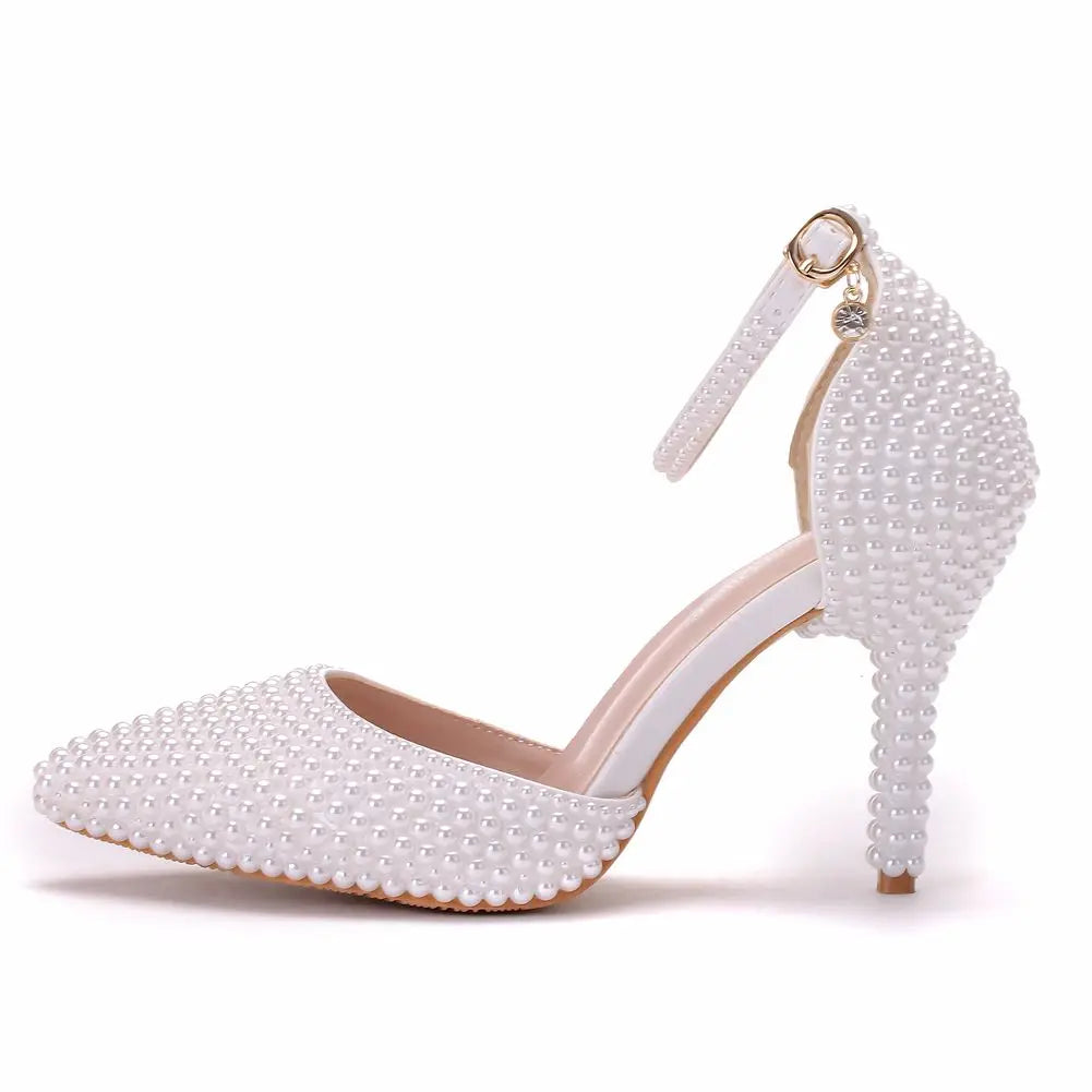 LBSFY  -   Pointed Toe White Pearl Wedding Shoes Thin Heels Shoes Bridal High Heels Shoes Female Party Ankle Strap Sandals