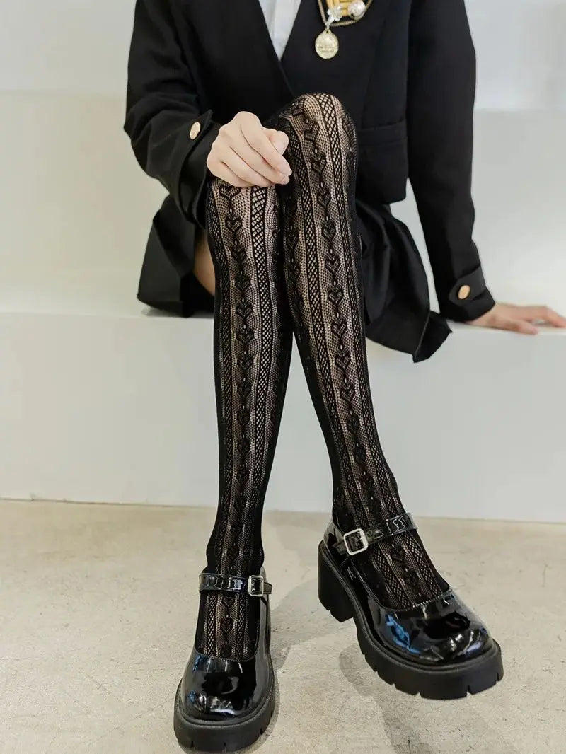 Lbsfy Stockings Woman Summer Thin Lace Hollow White Thigh High Lolita Socks for Women JK Cute Black Long Stockings