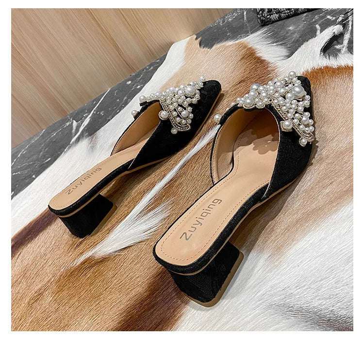 LBSFY -Pearl Half Slippers Women Shoe Autumn Rhinestone Chunky Mid Heel Slipper Sandals Fashion Muller Casual Versatile Single Shoes