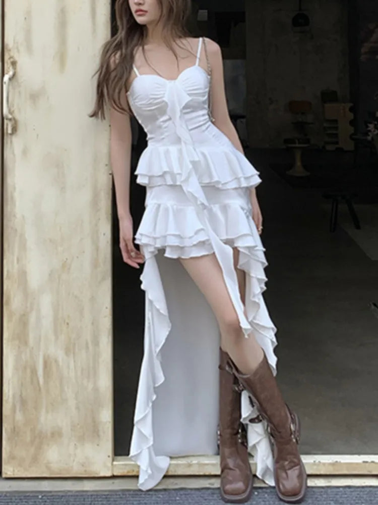 LBSFY -Backless Sexy Elegant Women Slip Dresses Summer New Fashion White Ruffles Asymmetrical Vacation Party Club Split Long Dress