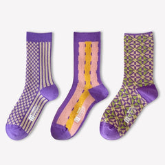 Lbsfy Winter Purple Series Socks for Women Fashion Double Needle Middle Tube Sock Commuter Trendy Geometric Socks Stripes Female Sox