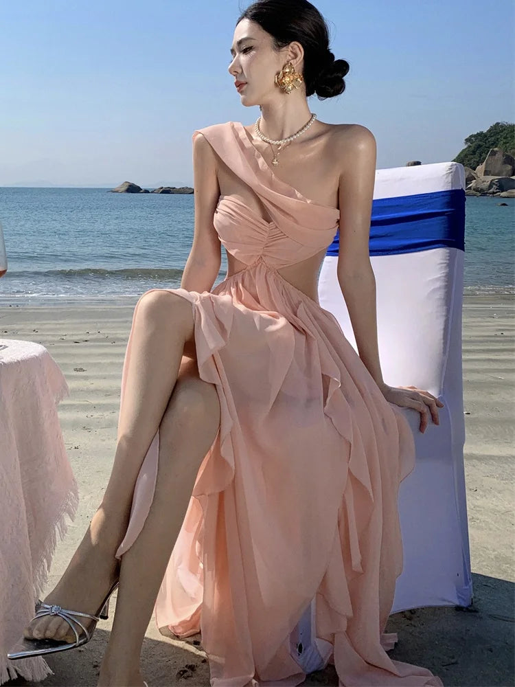 LBSFY -Summer Spring Strapless Womens Dresses Elegant Backless Irregular Ruffles Birthday Party Dress Holiday Beach Vestidos Mujer New