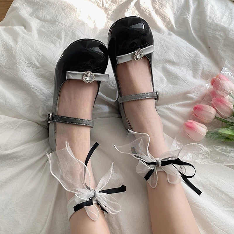 LBSFY  -  Pink Patent Leather Crystal Mary Janes Shoes Women Cute Bowtie Low Square Heels Lolita Shoes Woman Y2K Ankle Strap Girls Pumps