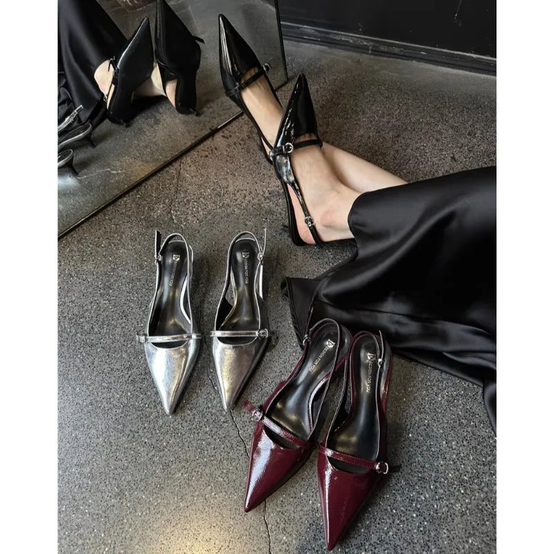LBSFY -Pointed Toe Buckle Strap Ladies Sandals Solid Shallow Fashion Sexy Party Slingbacks 2025 Summer High Heeled Shoes Woman Pumps