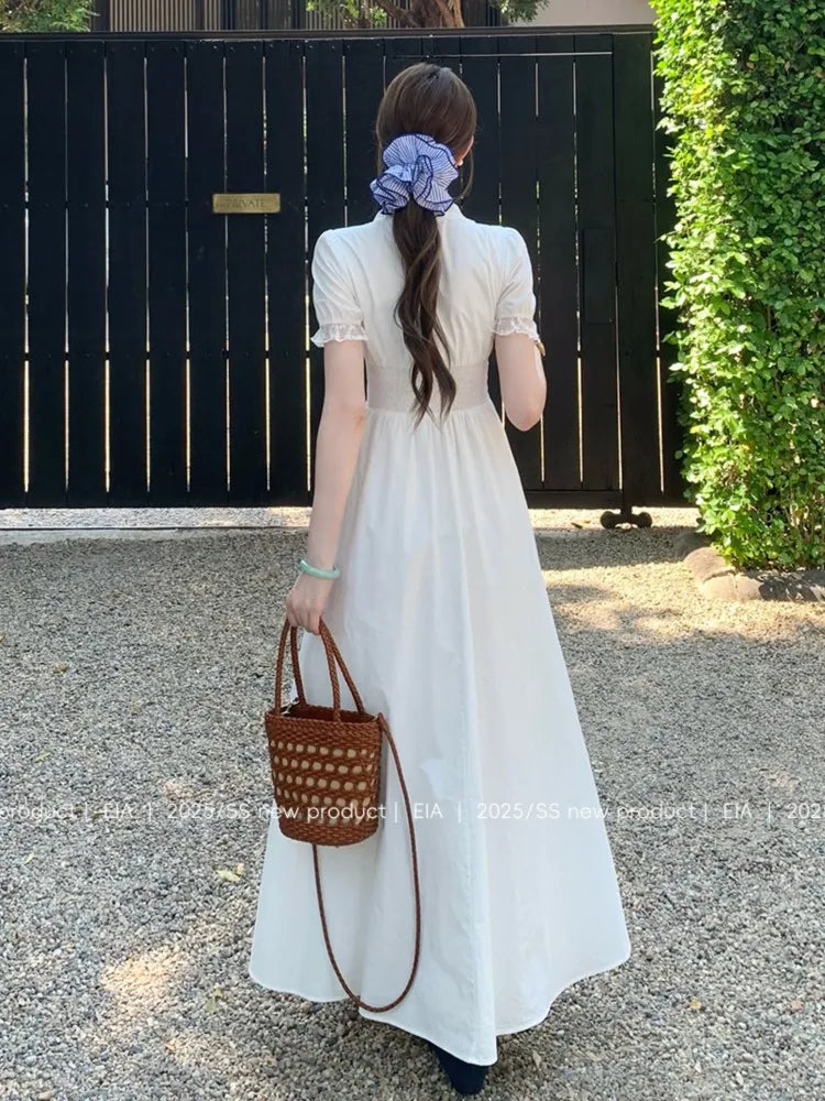 LBSFY -French Elegant Lace Long Dress Summer V-Neck Puff Sleeve Single Breasted Woman Dresses Office Lady Casual 2025 New Vestidos